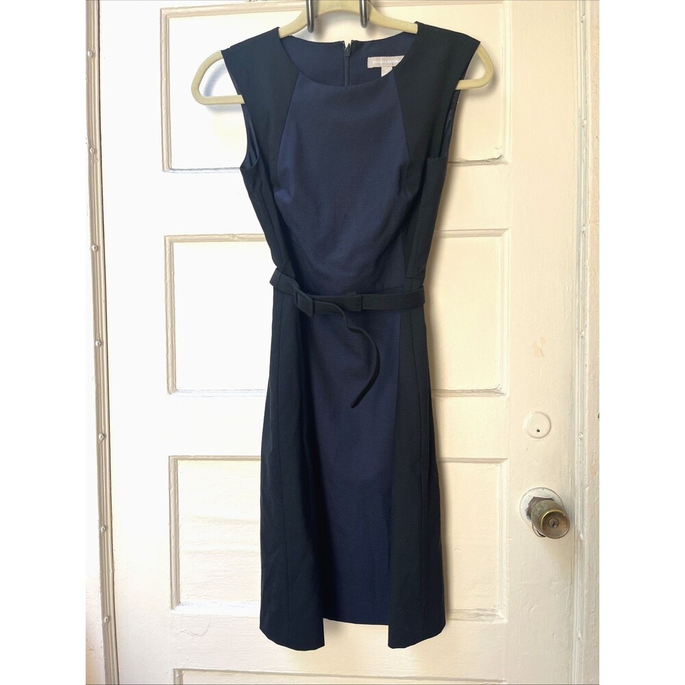 Banana Republic Colorblock Sheath Dress 0 Wool Sleeveless Navy Belted Business